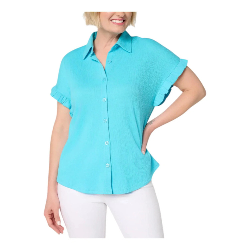 Belle by Kim Gravel Women's RuffleSlv Button Up Shirt Blue - Regular